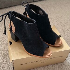 TOMS Black Suede Open-Toe Block Heel Sandals with Back Tie